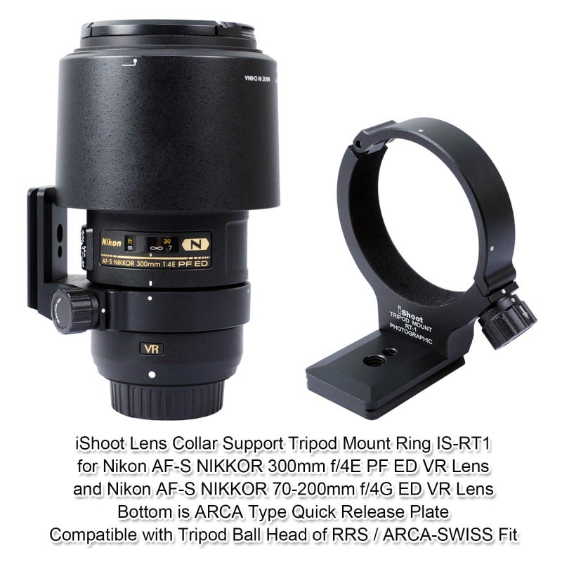 iShoot Improved Lens Collar Tripod Mount Ring for Nikon RT-1 Nikkor AF-S 300mm F/4E PF ED VR & AF-S 70-200mm F/4G ED VR, Bottom Quick Release Plate Feature Compatible with Arca-Swiss 39mm Fit Ballhead - Image 2